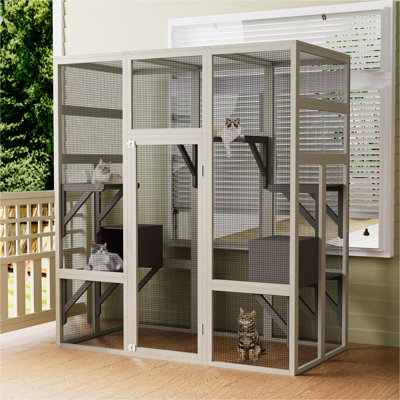 Grand abri de chat en bois 62,6 po avec abri pour chat en bois massif, avec abri anti-UV et imperméable, 5 plateformes et 2 boîtes de repos