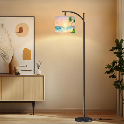 Lampe sur pied à arc avec abat-jour réglable Tropical Beach Sunset Palm Trees Gentle Ocean Waves Coastal Lampadaire