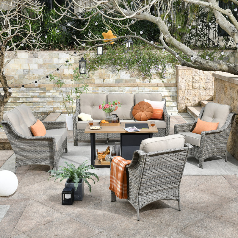 Kremmling Premium All-Weather Wicker 7 - Person Patio Conversation Set with Cushions, Beige