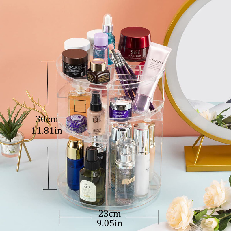 Multifunctional 360° Rotating Cosmetic Display Box With Brush Holder Perfume Tray, Transparent