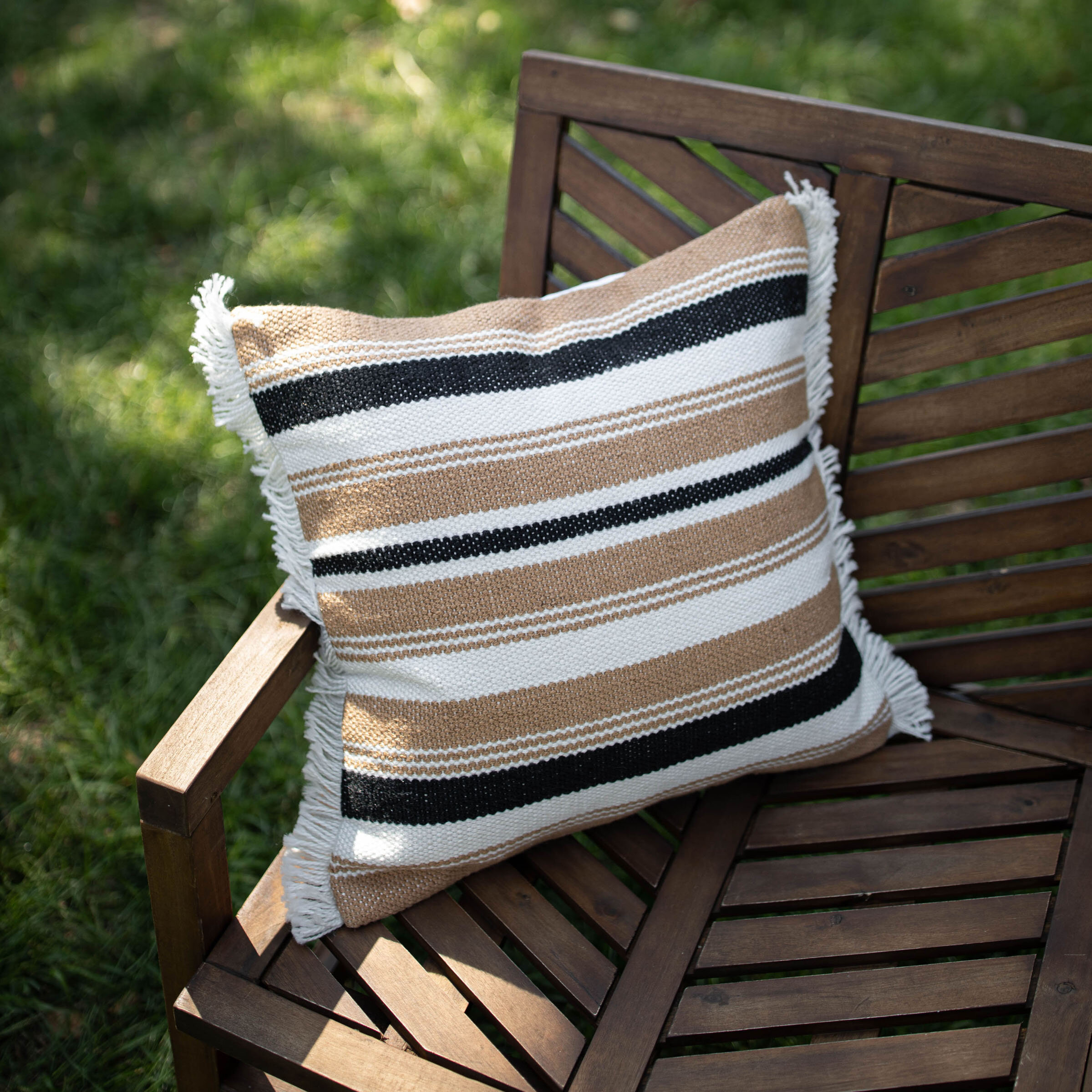 Black and White Geo Print Tasseled Outdoor 22 Square Throw Pillow