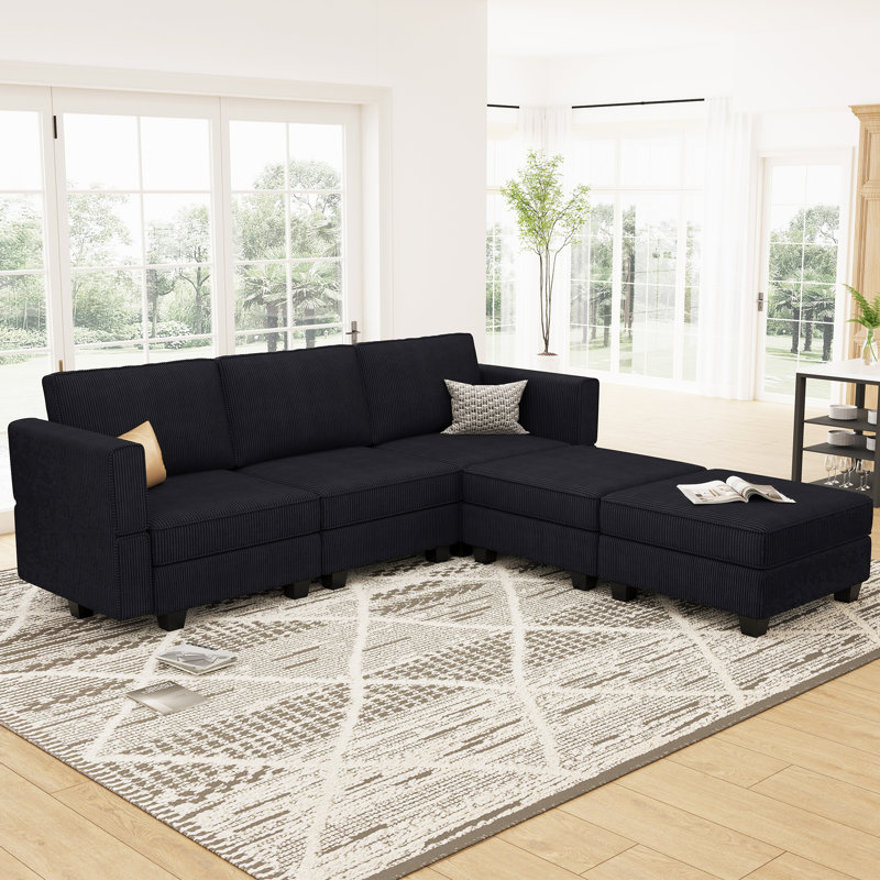 Alyciana U-Shaped Upholstered Sectional Couch Apartment Modular Sofa with Storage Ottoman, Blue Terry