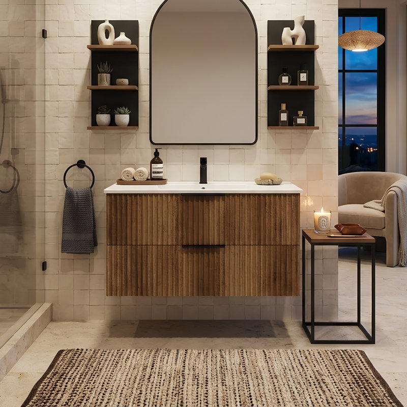 Meuble-lavabo flottant moderne 36 po avec lavabo intégré en céramique, panneau de fibres à densité moyenne 3D et tiroirs à fermeture en douceur, chêne doré