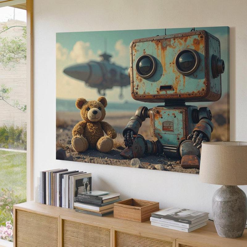 «Lonely Robot with Peluche», art apocalyptique sur toile, prêt à être accroché à la galerie, décoration moderne