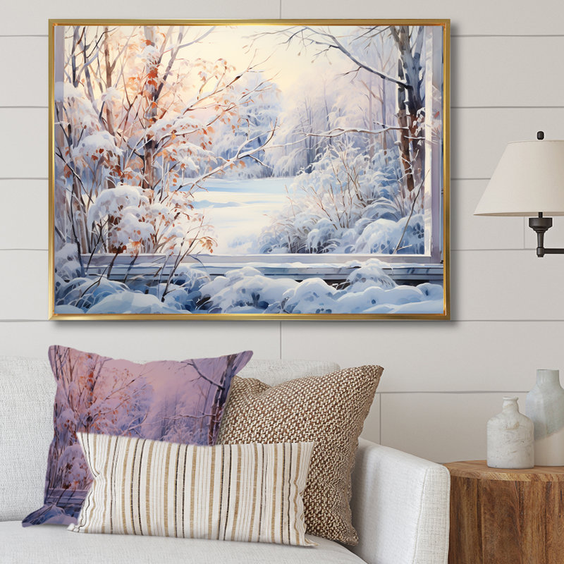 «Winter River Window View III - Winter Landscape», art sur toile, Cadre flottant doré, H 16 po x l 32 po x P 1 po