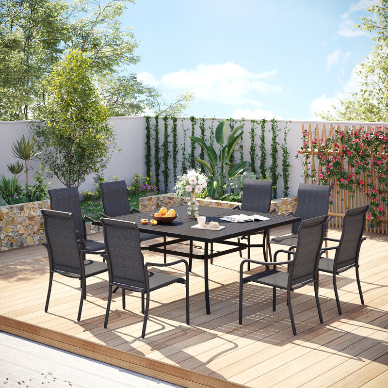 Ensemble de salle à manger 8 pièces pour patio avec table de salle à manger en métal 60 po et 8 chaises PVC-coated polyester
