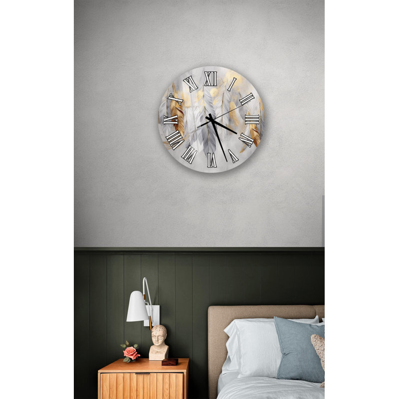 Horloge murale en verre trempé, art de plumes gris doré, décor de salon abstrait moderne, grande montre silencieuse ronde, cadeau de pendaison de crémaillère unique
