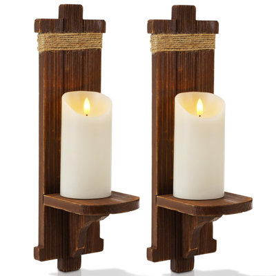 Lot de 2 appliques murales en bois avec bougeoirs, décor de style ferme, marron