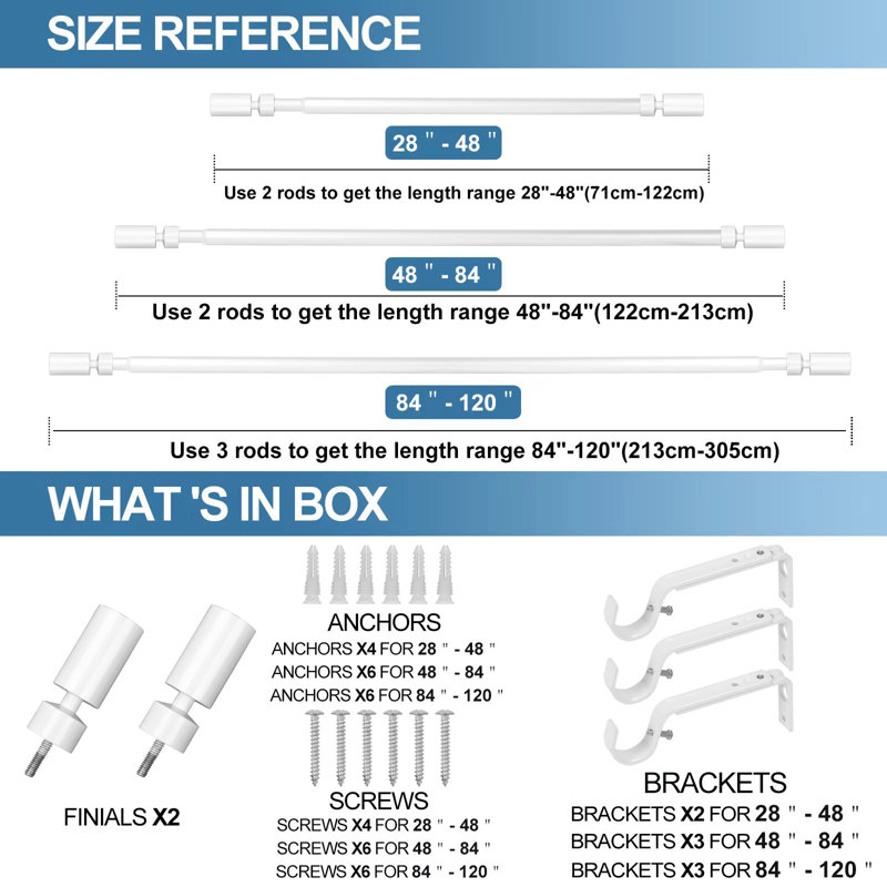 Glossy White Metal Adjustable Curtain Rod with Finials