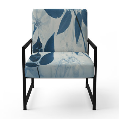 Vintage Botanicals Abstract Leaves Retro Blue IV - Upholstered Contemporary Arm Chair, Botanical Abstract Accent Chair