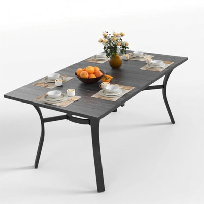 Vintage Wood Grain Metal Patio Dining Table, Rectangular with Umbrella Hole