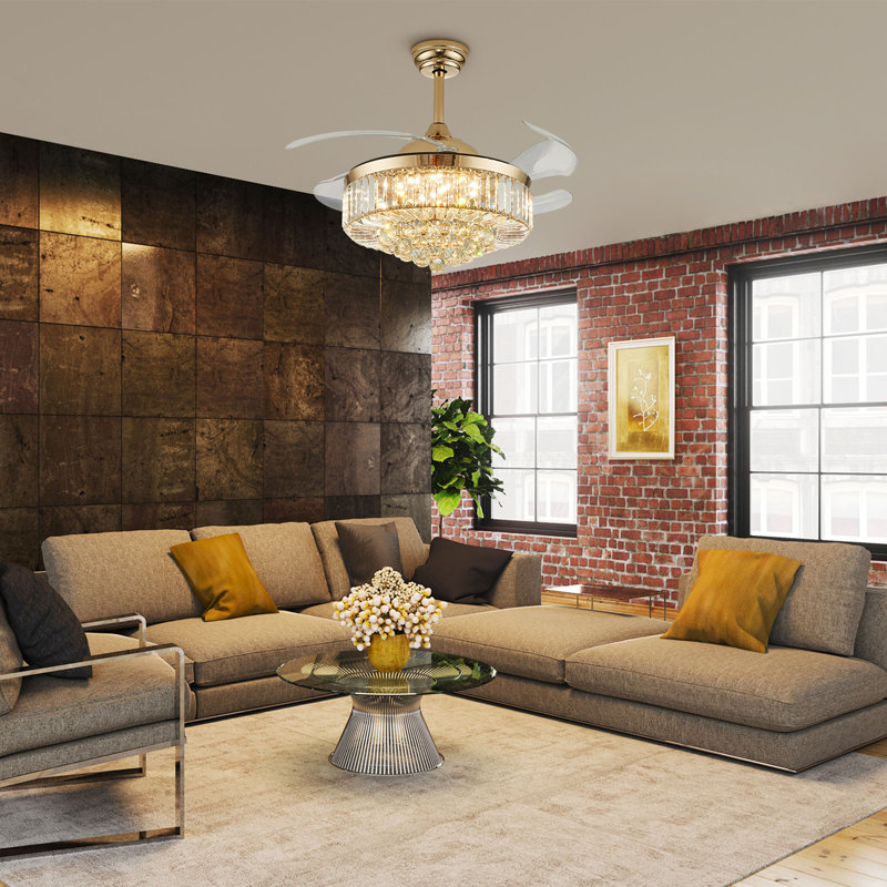 Houstyn Dimmable Crystal Ceiling Fan with LED Lights and Remote Control, 48", Gold