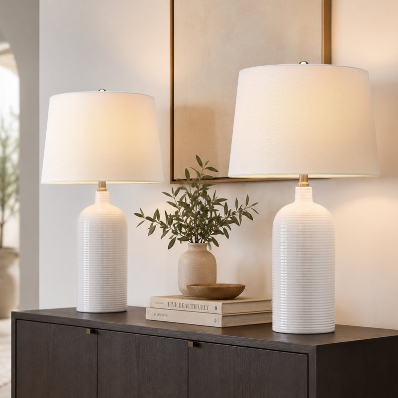 25.5in White Ribbed Ceramic Table Lamp with White Shades