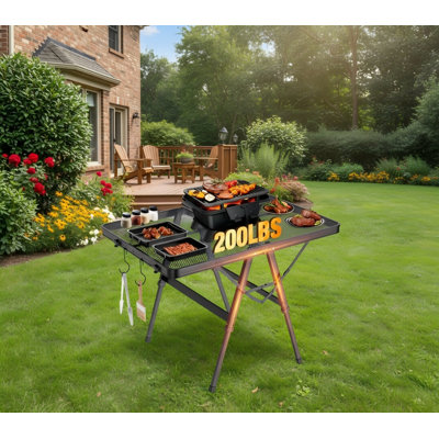 Table de barbecue pliante réglable en hauteur 3 pieds, table en métal d'une capacité de 200 lb à dessus grillagé pour barbecue Beach RV