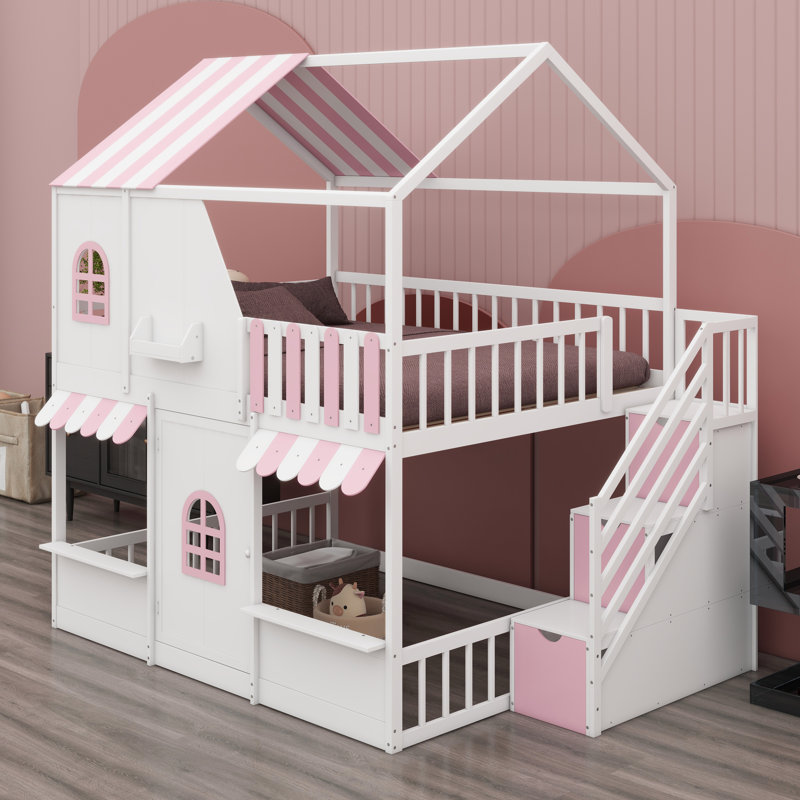 Lit superposé Kids Playhouse avec escalier de rangement intégré et tablettes ouvertes, White+Pink