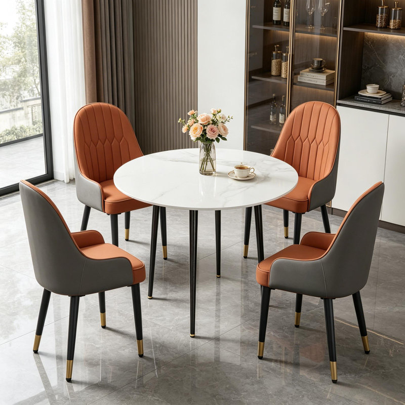 Round Dining Table And 4 Chairs Set, 5pcs Dining Room Sets For Restaurant Kitchen Office, 2-4 Seaters Marble Table And Light Khaki Microfiber Silicone Leather Kitchen Chairs Set Of 4