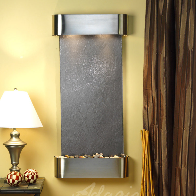 Cascade Springs Natural Stone Fountain with Light, Black Feather, Stainless Steel