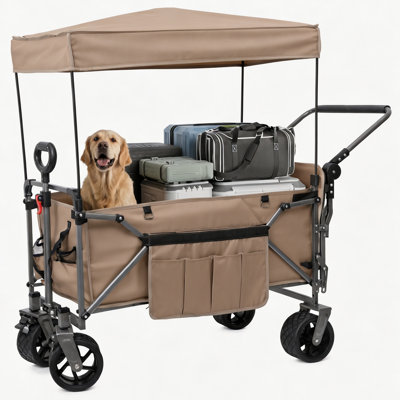 Multi-Functional Pet Stroller & Utility Cart with Canopy, 2-in-1 Foldable Dog & Cat Stroller with Push & Pull Handle, Heavy-Duty Steel Frame