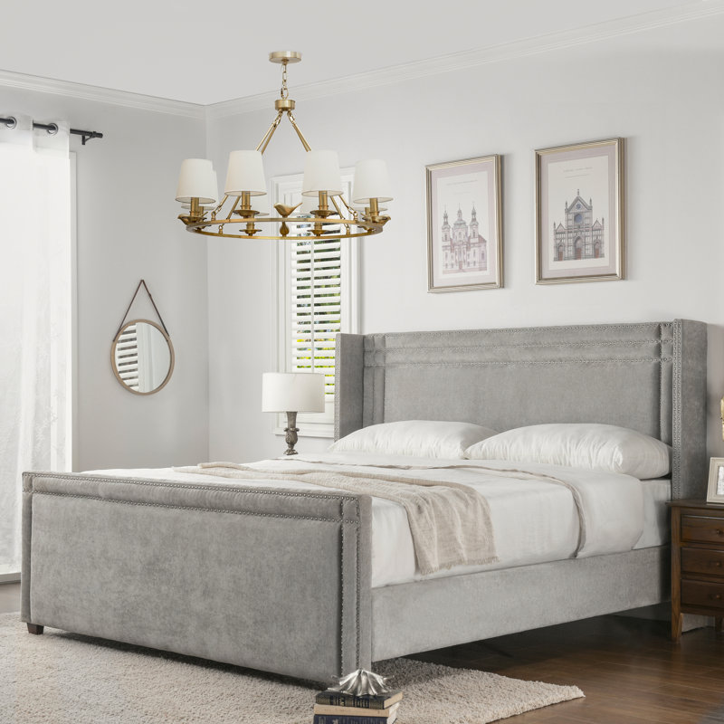 Janna Upholstered Wingback Bed, King, Silver Grey Velvet