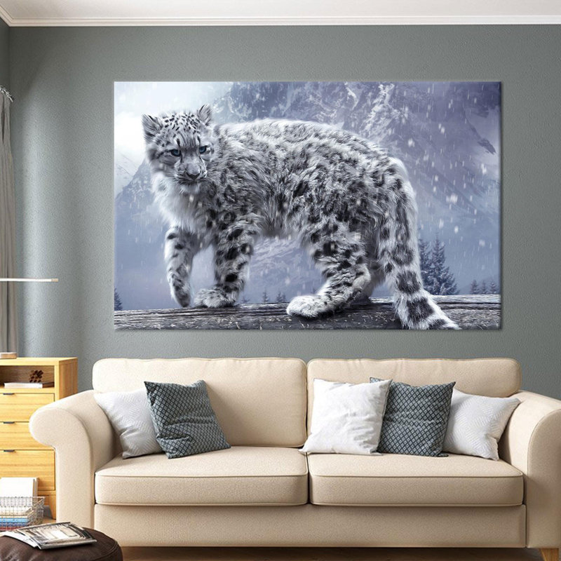 Affiche personnalisée en toile de coton avec imprimé léopard et scène d'hiver enneigée idéale pour la décoration murale