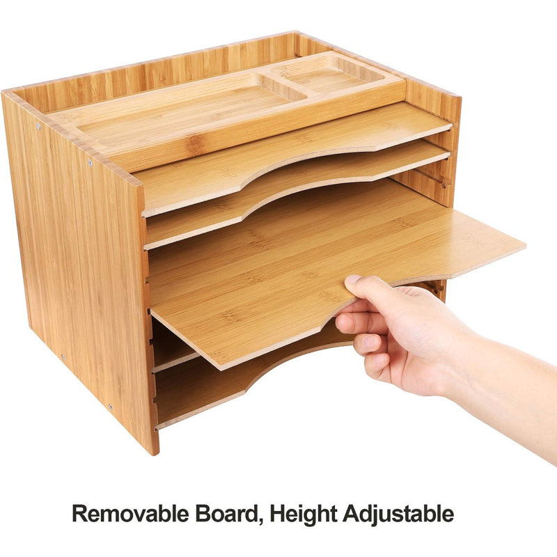 Natural Bamboo Adjustable 5-Tier File Organizer with Top Compartments