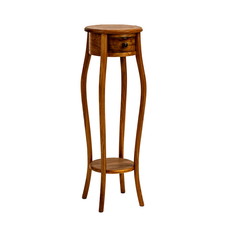 Lukats Solid Teak Plant Stand & Side Table, Storage Drawer, Curved Legs