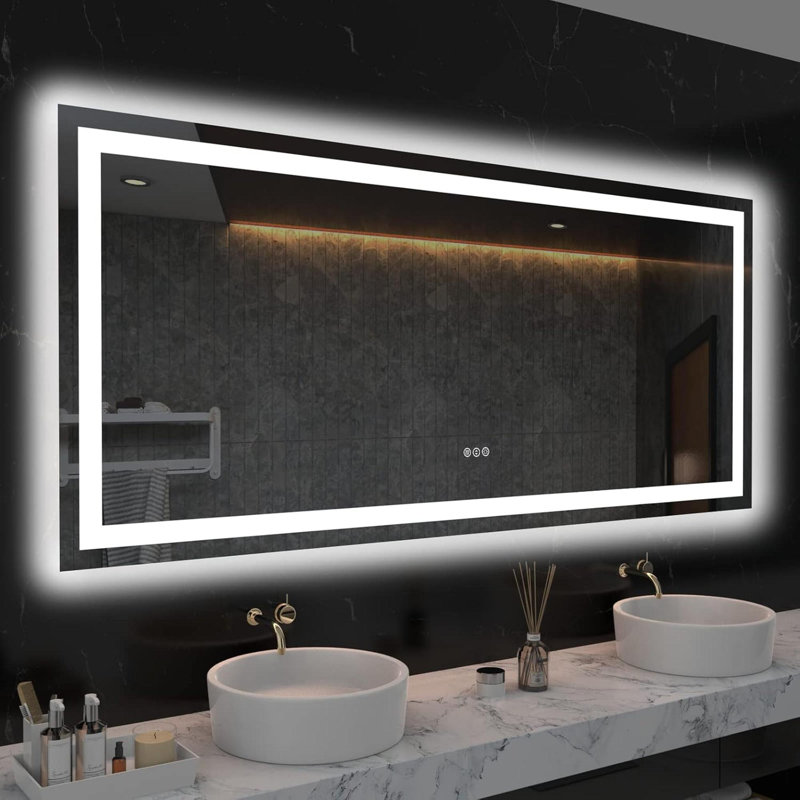 Miroir de salle de bain sans cadre à DEL, miroir intelligent, Horizontale, 60 po x 28 po, Rectangulaire