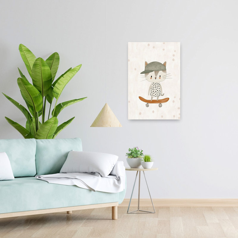 Cool Cat Skater Playful Whimsical Contemporary Cat Wall Art Print 1 Piece Wrapped Canvas Wall Art, 60.96cm H x 40.64cm W
