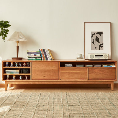 Meuble télé minimaliste en bois avec rangement et tablettes ouvertes