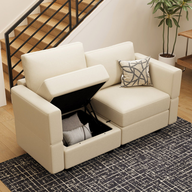 Colusa Faux Leather Double Seat Sofa Small Memory Foam Storage Couch For Apartment, Beige