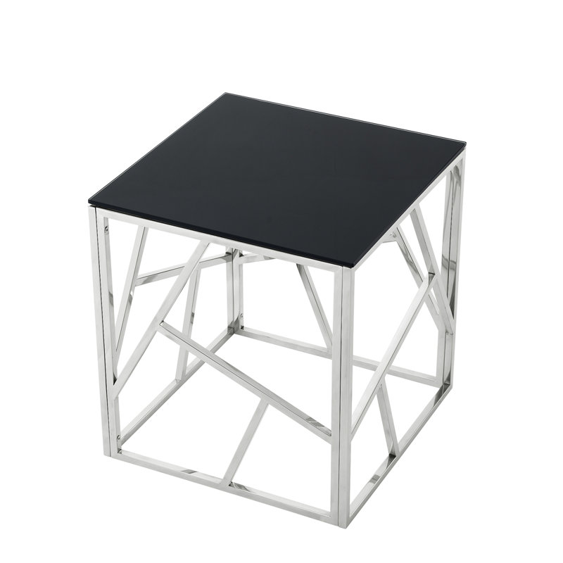Table de bout moderne en verre avec structure en métal géométrique, table de chevet décorative, table de coin pour le salon, le bureau personnel, la chambre à coucher