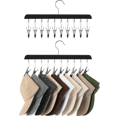 Hat Organizer with 10 Adjustable Stainless Steel Clips, Wooden Caps Storage for Closet