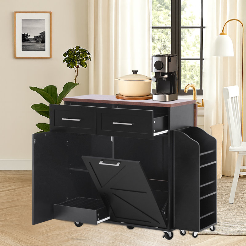 Chariot de rangement mobile pour îlot de cuisine avec armoires latérales amovibles, armoires de rangement inclinées, tiroirs doubles et plateau de table extensible