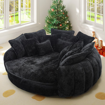81" Oversized Round Chaise Lounge Sofa Bed with Chenille Upholstery and 14 Pillows