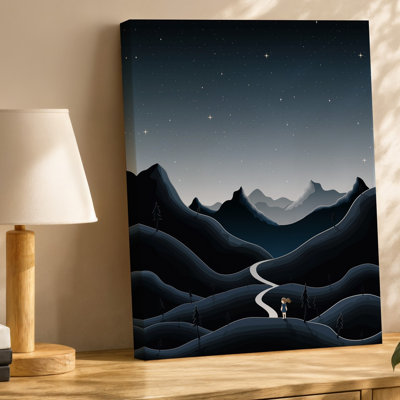 Canvas A Serene Monochromatic Landscape At Night Showcasing A Vast Mountain Wall Art Range Under A Starry Sky The Foreground Features Canvas Wall Art