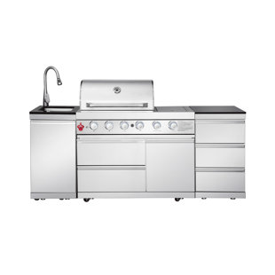 Îlot de cuisine extérieur 83,3 pouces 4 + 1 brûleur barbecue au propane 71500 BTU acier inoxydable 304 couleur argent avec CSA, certification ETL + évier