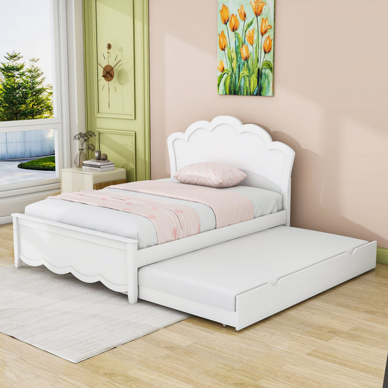Wood Platform Bed with Headboard and Twin Trundle, White, Full / Double