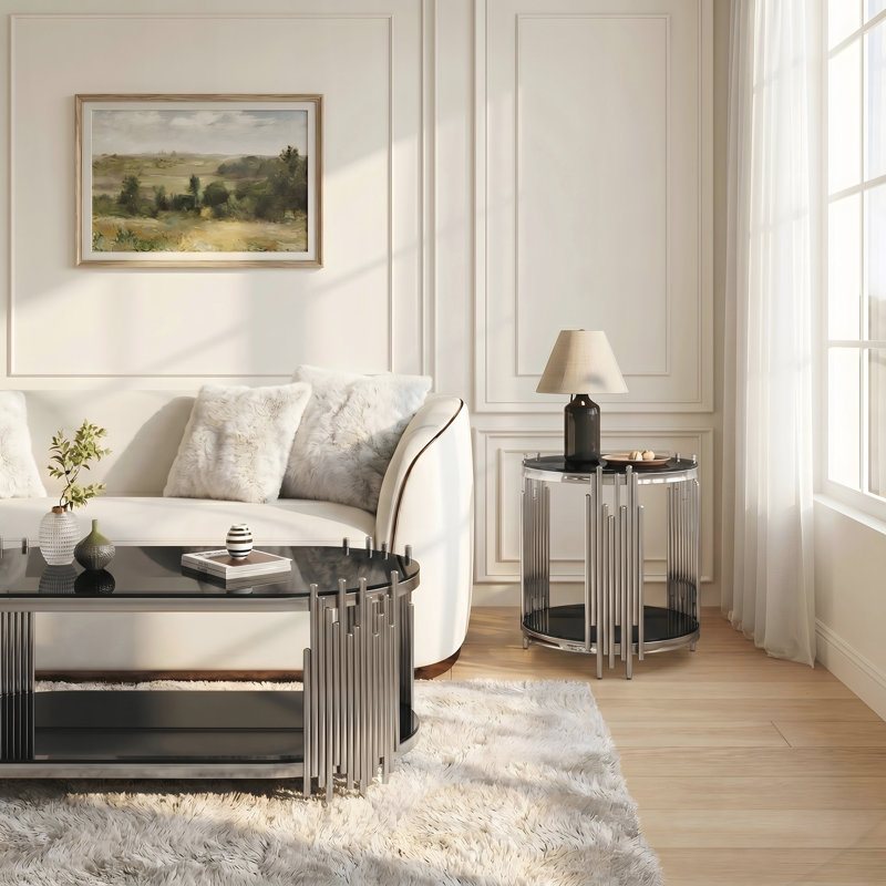 Ensemble moderne et luxueux de table basse et de table d'appoint pour salon ou bureau, Noir / Argenté