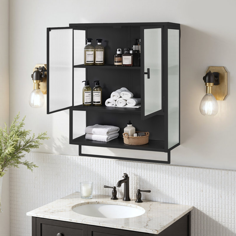Larock Glass+Metal Wall-mounted Bathroom Cabinet,Wall Cabinet, Black