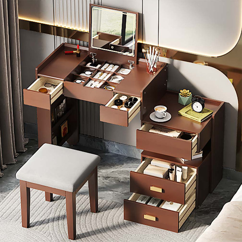 Makeup Vanity Desk with Flip-Top Mirror, LED Lighting, Walnut