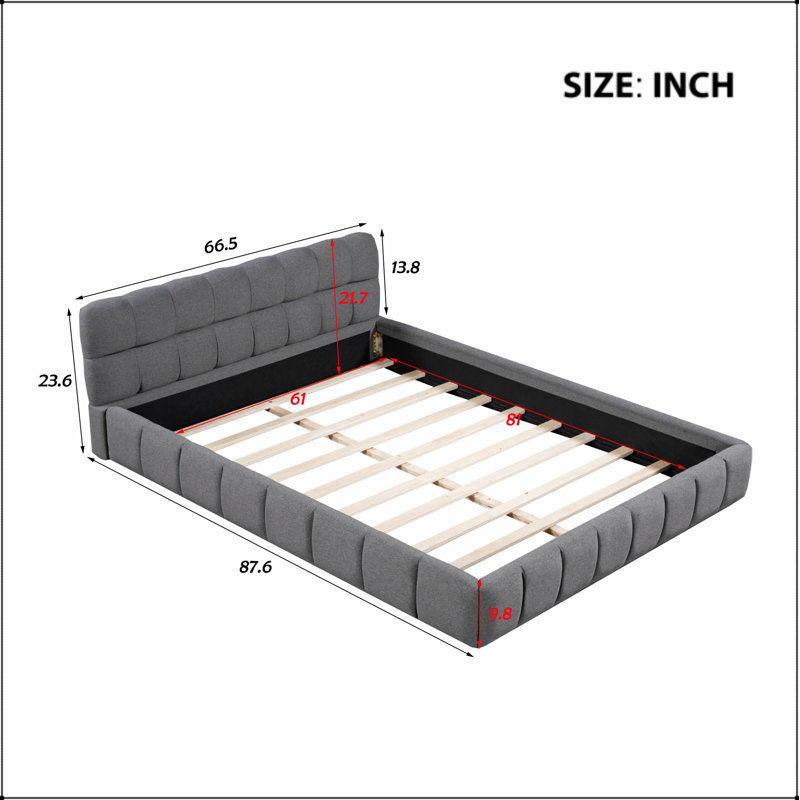 Lit plateforme tapissier avec tissu épais, lit au sol avec structure solide, gris
