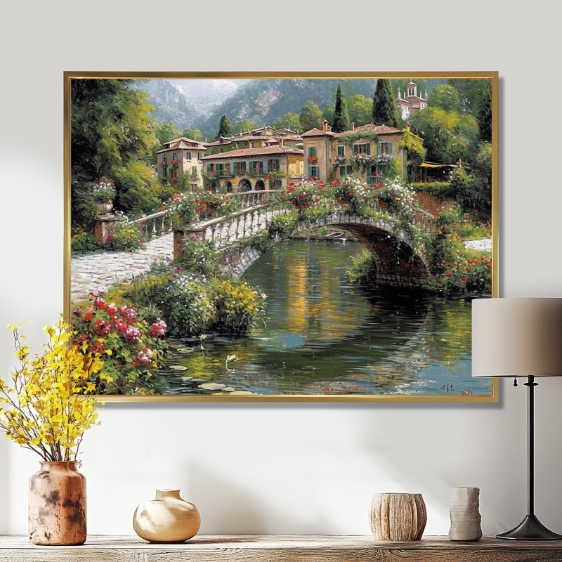 Poétique fleur pont sur Calm Town River, H 30 po x l 40 po x P 1,5 po, Toile avec cadre flottant or