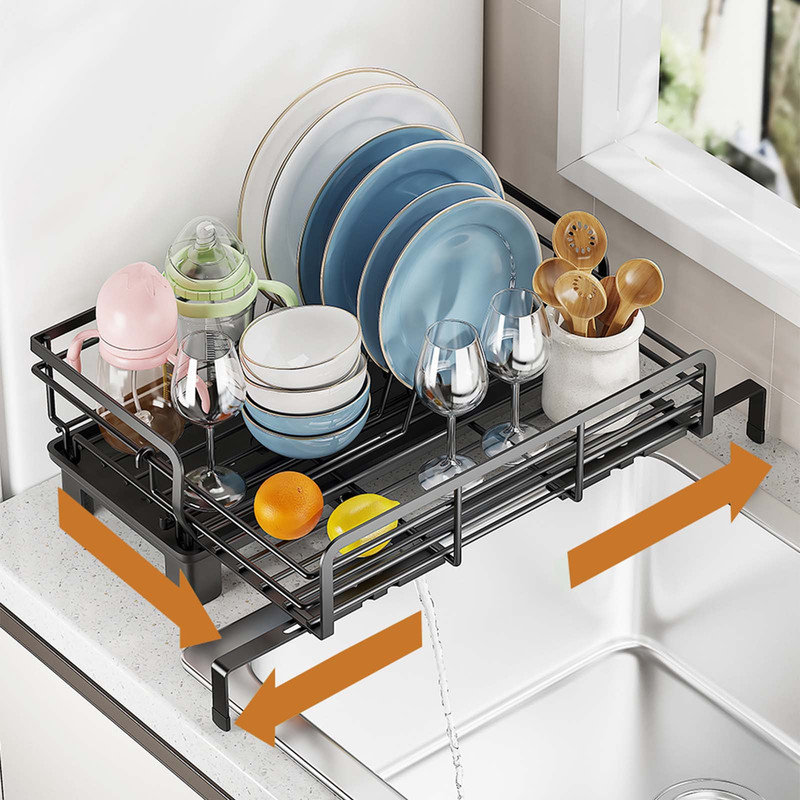 Carbon Steel Dish Drainer Rack Black Retractable with Removable Drain Drip Tray