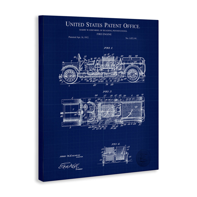 "Fire Engine Blueprint", art mural par Karl Hronek, H 20 po x l 16 po