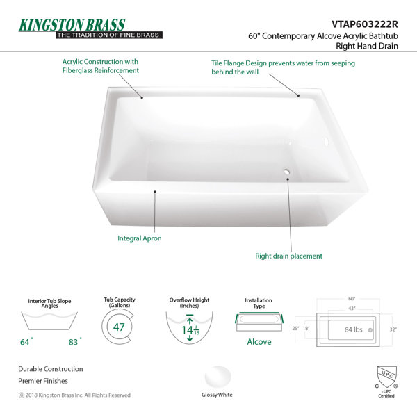 Bañera acrílica de remojo Aqua Eden de 60" x 32"