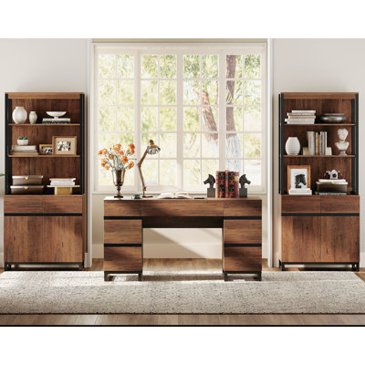 Ensemble de mobilier de bureau Aadam: bureau de direction moderne 59 po avec station de charge et tiroirs et 2 grandes bibliothèques PCS 72 po avec armoire de rangement, mobilier de bureau personnel pour le salon, la chambre à coucher