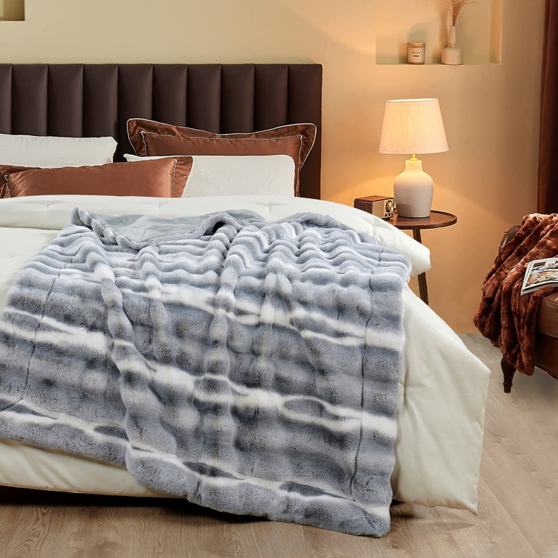 Luxurious Blue and White Faux Fur Reversible Throw Blanket
