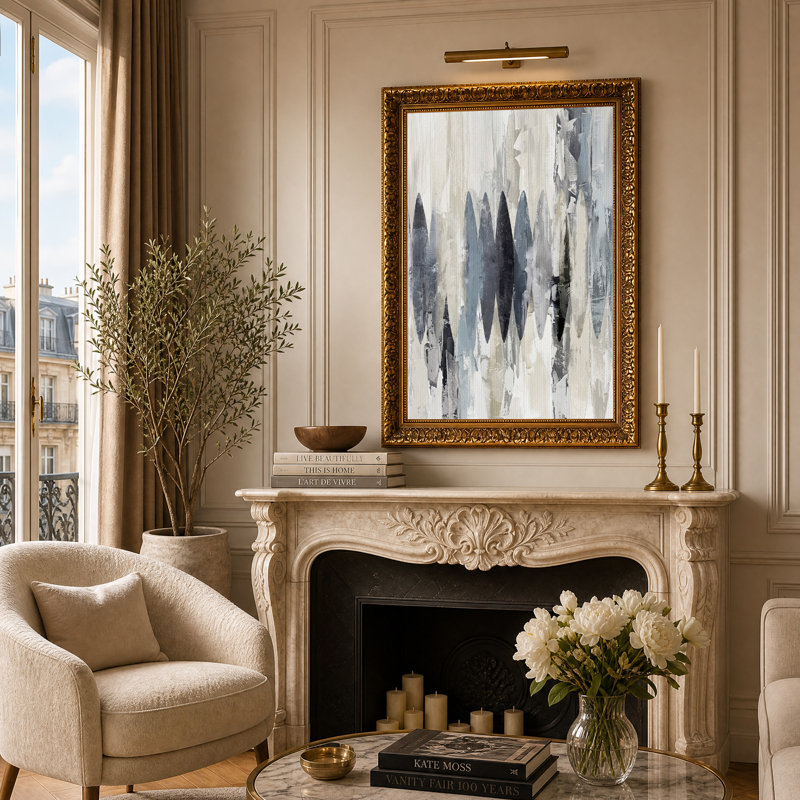 Formes verticales abstraites sur toile beige et grise, H 24 po x l 16 po