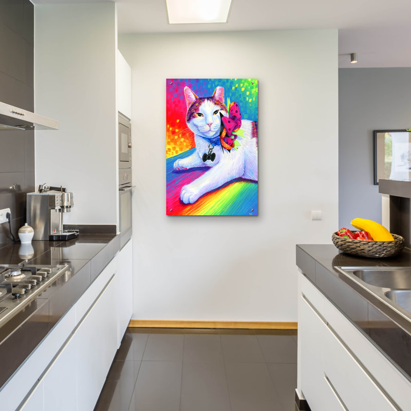  «Rainbow Cat» par Rebecca Wang, art mural en verre acrylique, 24 po x 36 po