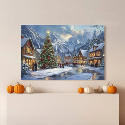 1pc Framed Broxton Painting Christmas Town, Snowy Christmas Trees and Wooden Houses, Realistic Oil Painting Style Decor Print Vintage Wall Poster Home